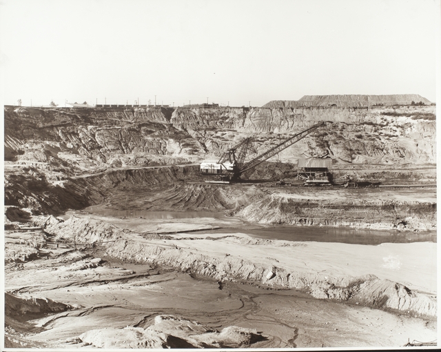 Black and white photograph of open pit mining, Mesabi Range, c.1950.