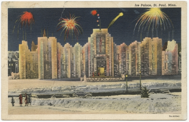 Color postcard of the 1937 Winter Carnival Ice Palace