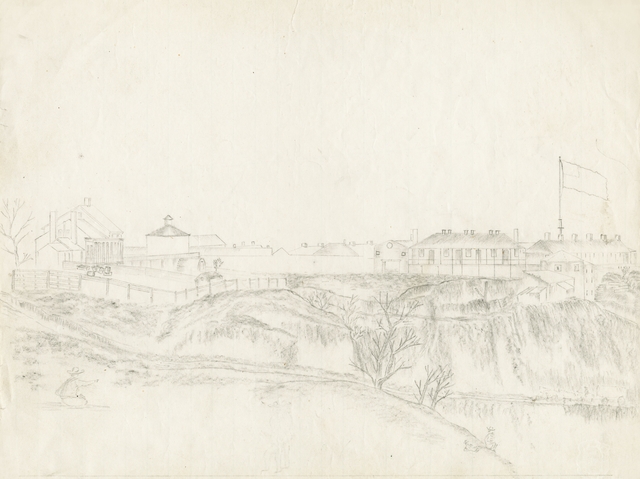 Graphite drawing of Fort Snelling, 1863.