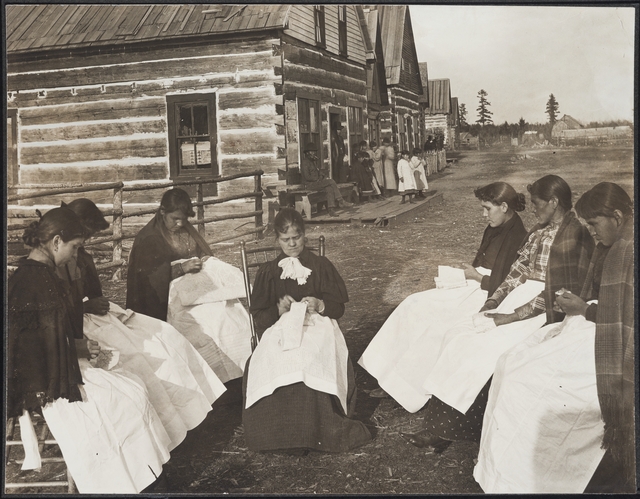 Photograph of lace makers working outdoors at the Leech Lake Reservation