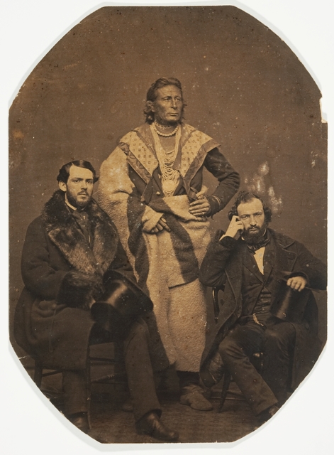 Baptiste Lasallier, Ho-Chunk leader with Charles Mix, Indian Agent, and a trade merchant, 1857.