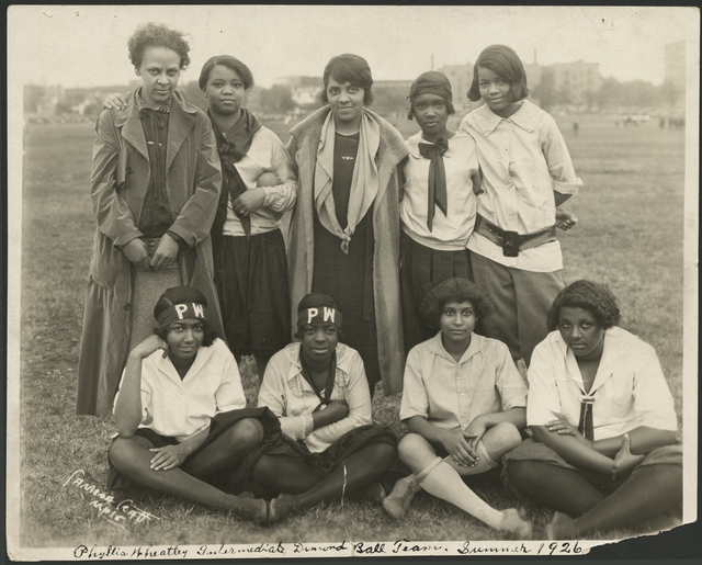 Black and white photograph of the Phyllis Wheatley House diamond ball team, summer 1926. Ethel Ray (later Ethel Ray Nance) stands at the far left.