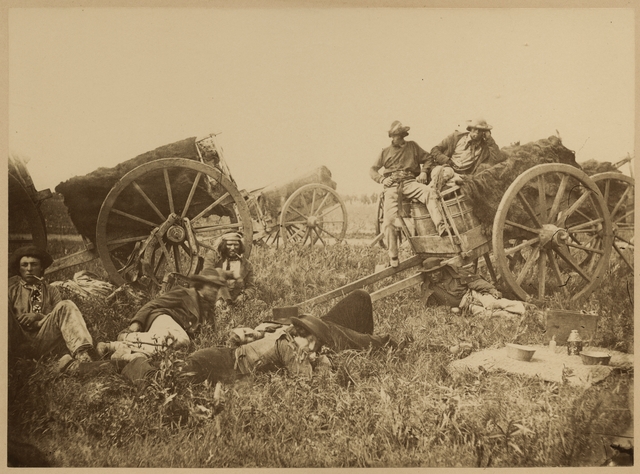 Black and white photograph of Red River Carts encamped, 1858.
