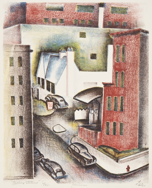 Color image of Filling Stations, 1940. Lithograph on paper by Alexander Oja. 