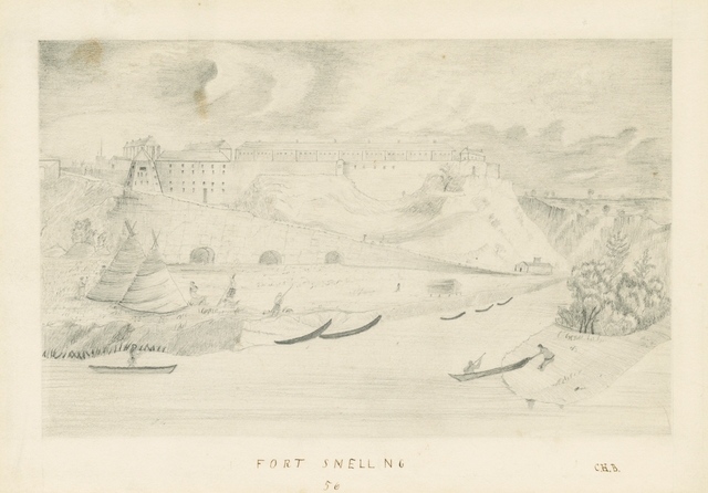 Graphite drawing of Fort Snelling showing landing road with root cellars beneath it and Dakota people in the foreground, c.1856. Drawing by B. C. H.