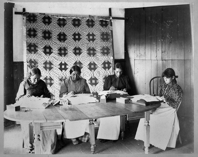 Photograph of four lace makers at the Redwood Mission in Morton, Minnesota