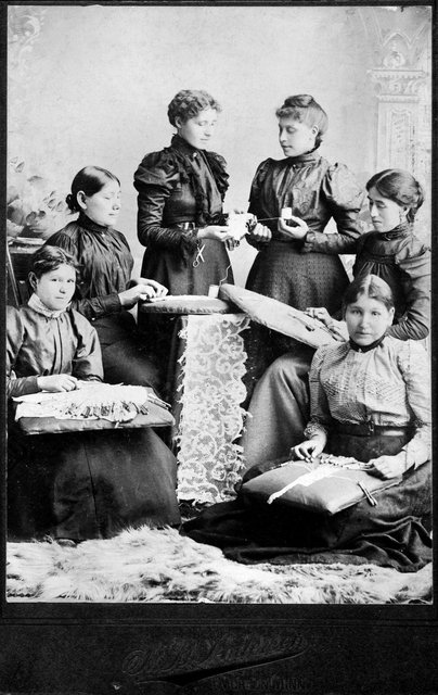 Photograph of Birch Coulee lace makers and their lace