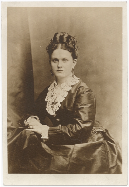 Black and white photograph of Mary Mehegan Hill, as a bride, 1867.