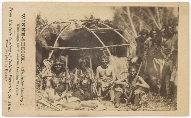 Black and white photograph of Winneshiek II (second from left) and other Ho-Chunk leaders, c.1865.