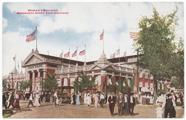 Colored postcard of the Minnesota State Fair Domestic Arts and Handicrafts building, c. 1910.