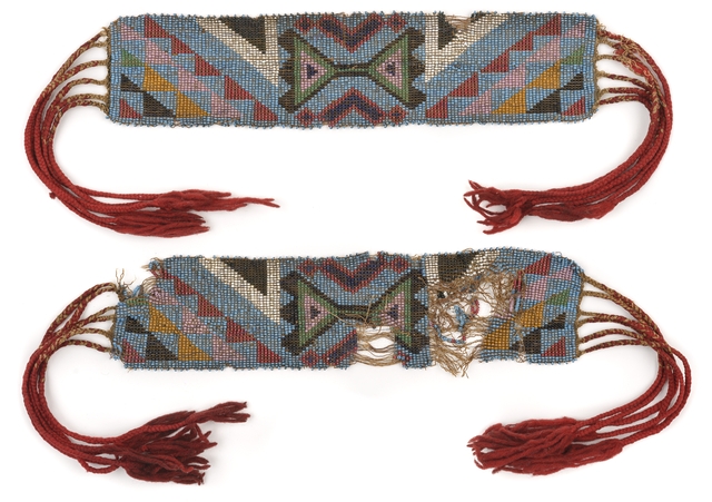 Color image of loom woven garters that originated in the area around Selkirk, Manitoba, and are possibly Ojibwe, Métis, or Cree, ca. 1820s.