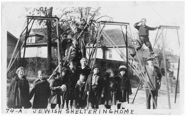 Black and white photograph of the playground of the Jewish Sheltering Home for Children in Minneapolis, c.1925.