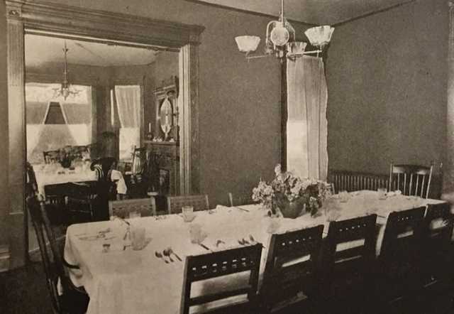 Black and white photograph of the dining rooms of Graham Hall, ca. 1908.