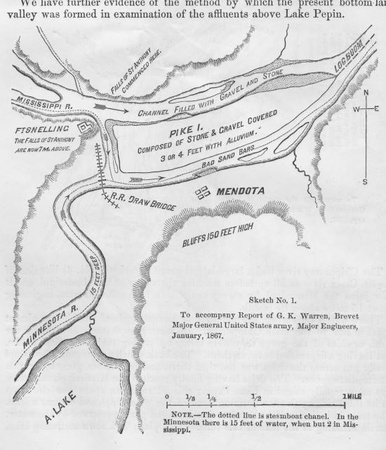 Survey of the confluence of the Minnesota and Mississippi Rivers at Fort Snelling at Bdóte in Survey of Upper Mississippi River (page 14).