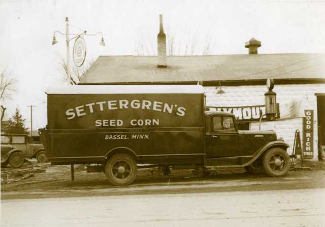 Black and white photograph of a Settergren Seed Corn delivery truck, c.1930s.