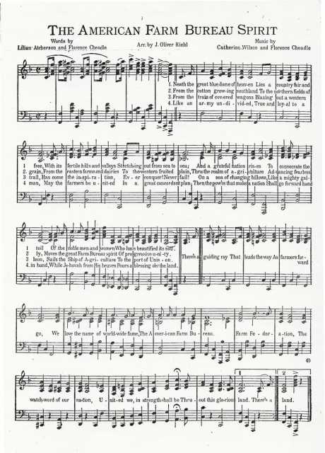 Sheet music showing the four verses of “American Farm Bureau Spirit,” written by Lillian Atcherson and Florence Cheadle, 1930.