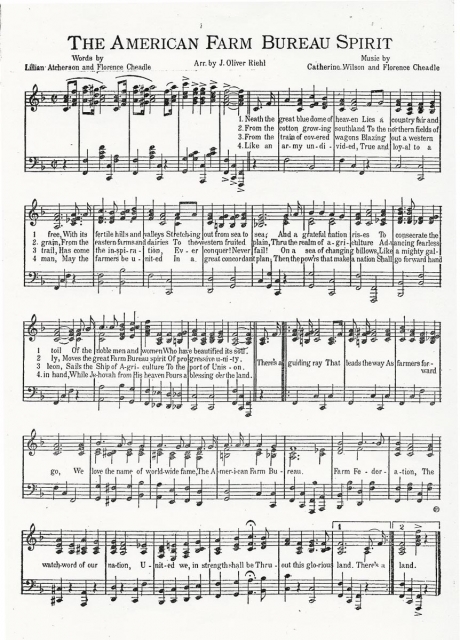 Sheet music showing the four verses of “American Farm Bureau Spirit,” written by Lillian Atcherson and Florence Cheadle, 1930.