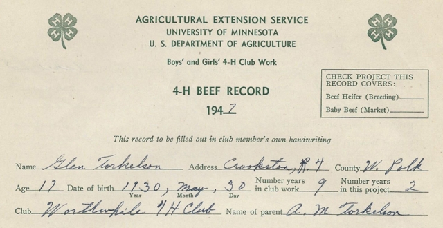 4-H beef record kept by Worthwhile 4-H Club member Glen Torkelson, 1947. 