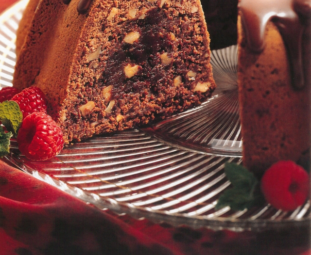 Color image of a Tunnel of Fudge Cake, Second Prize Winning Recipe, 1966. 