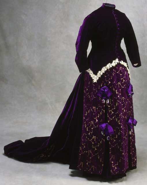Color image of a royal purple velvet maternity gown worn by Mary T. Hill, c.1880.