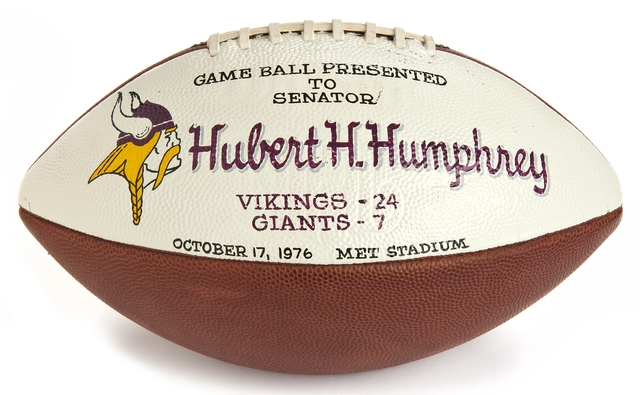 Color image of the Minnesota Vikings game ball presented to Hubert Humphrey, 1976.