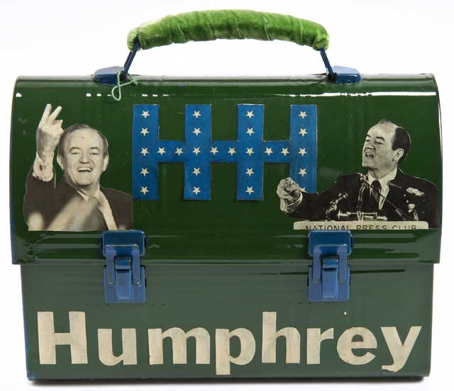 Color image of a lunch box created in support of Hubert H. Humphrey's 1968 presidential campaign.