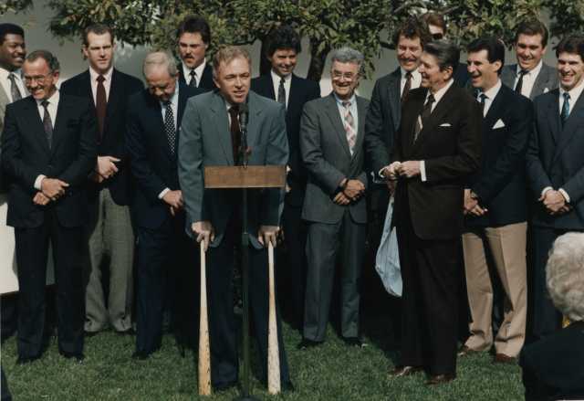  President Ronald Reagan listens to Twins manager Tom Kelly at the congratulatory ceremony at the White House.