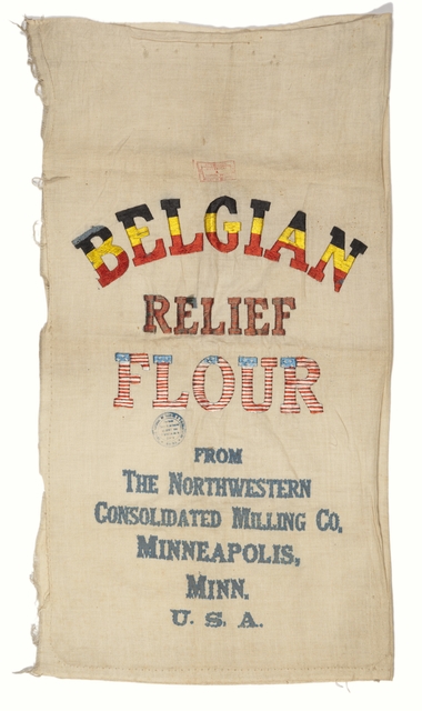 Color image of a decorated Belgian Relief Flour sack, ca. 1914–1918. 