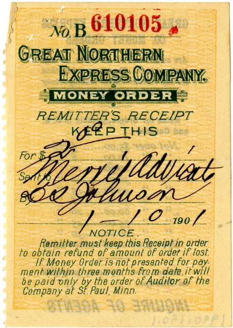 Great Northern Railway Company money order receipt