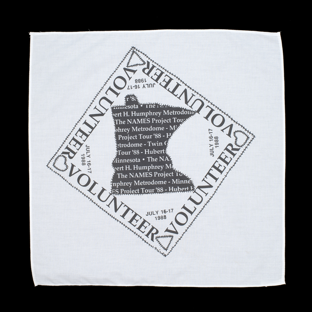 Color image of a cotton handkerchief given to volunteers at the NAMES Project tour stop in Minneapolis, Minnesota, 1988.