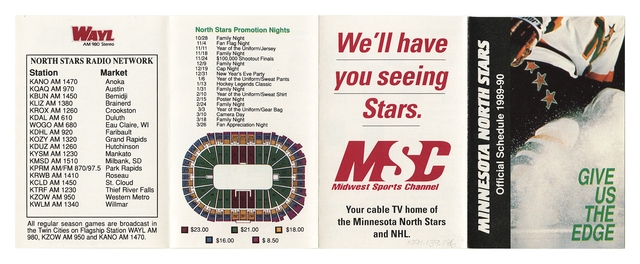 The Minnesota North Stars’ schedule for 1989, featuring the radio stations that broadcast games and a seating chart for Met Center home games.
