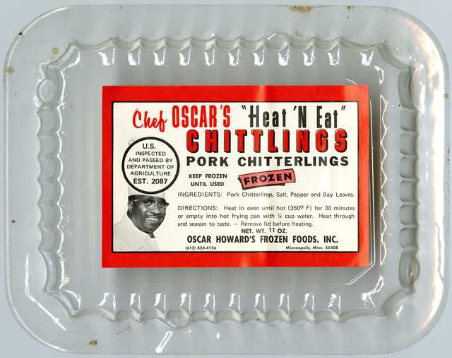 Plastic container for frozen pork chittlings, marketed and sold from the late 1960s to 1970s by Oscar C. Howard under the Chef Oscar brand. 