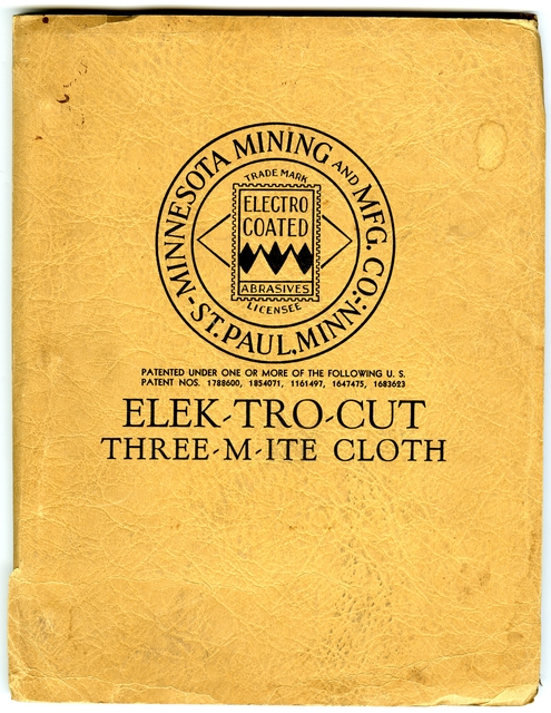 Three-M-ite sample collection, 1935. 3M’s first profitable product was Three-M-ite, a flexible sandpaper. Here, Three-M-ite was packaged as a sample so prospective buyers could see the product.