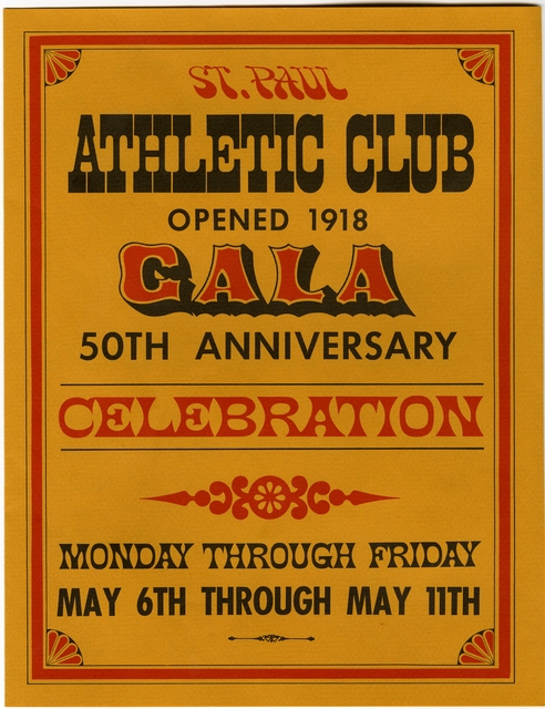 Color image of a St. Paul Athletic Club Fiftieth Anniversary fold-out brochure with promotional button and mailing envelope, c.1968.