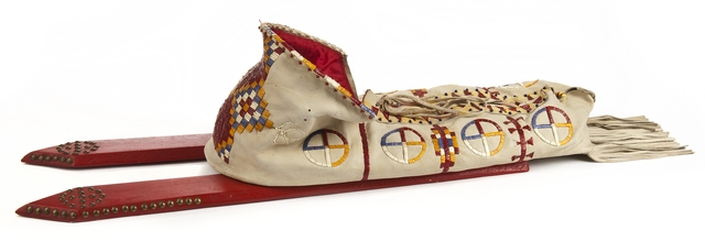 Color image of a cradleboard made by Hope Two Hearts and Galen Drapeau (Isanti and Ihanktonwan Dakota, respectively), c.1980.