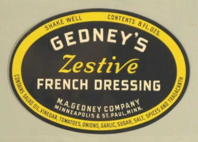 Color label for Gedney Company French Dressing, c.1935.