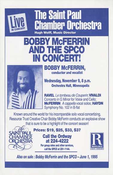 Advertisement for concert featuring Bobby McFerrin and the Saint Paul Chamber Orchestra at Orchestra Hall in Minneapolis, 1994.