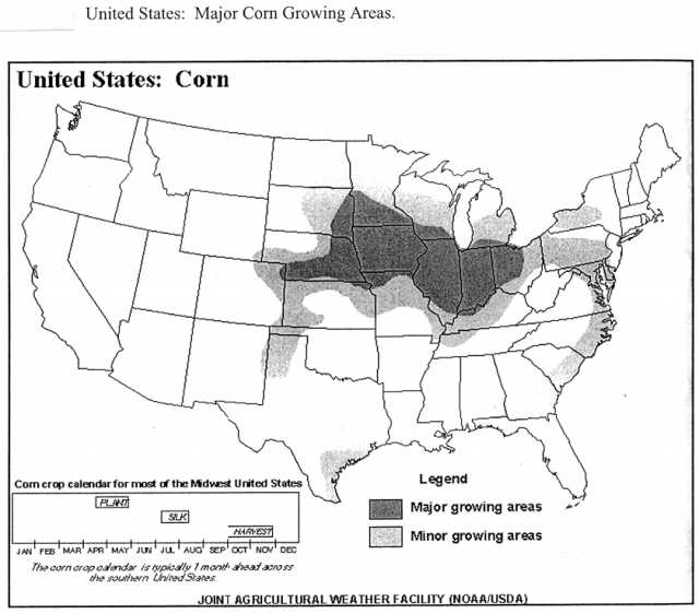 Map of the United States showing major and minor corn growing areas.