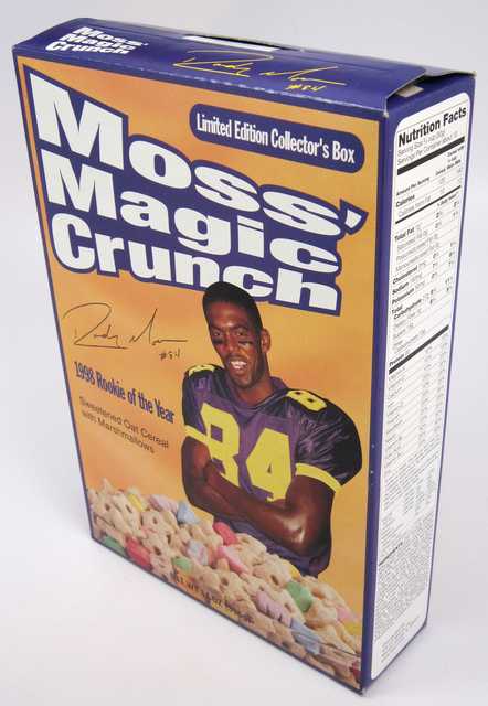 Color image of Randy Moss's Magic Crunch cereal box, 1999.