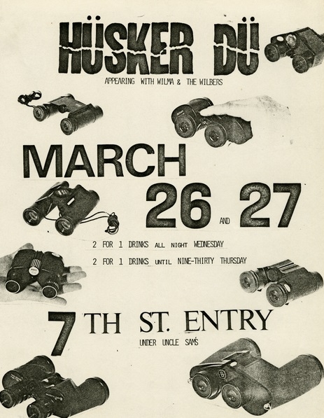 Handbill for Hüsker Dü and Wilma and the Wilbers concert at 7th Street Entry, Minneapolis, Minnesota, 1980. Designed by Grant Hart.