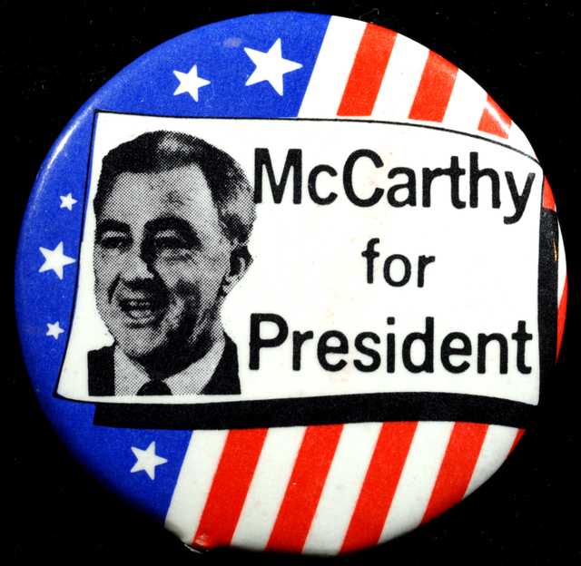 Color image of a "McCarthy for President" button, 1968. 