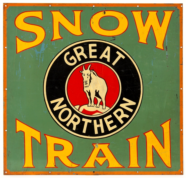 Color image of a Great Northern Railway "Snow Train" sign, ca. 1942