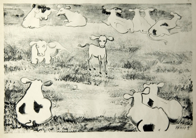 Cows and Calf, undated. Etching on paper by Clara Mairs. 