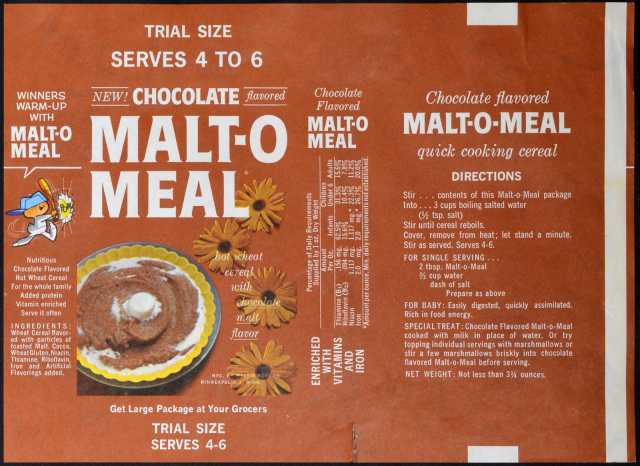 Trial-size box label for then-new Chocolate Malt-O-Meal, 1961. Used with the permission of Post Consumer Brands and Northfield Historical Society.