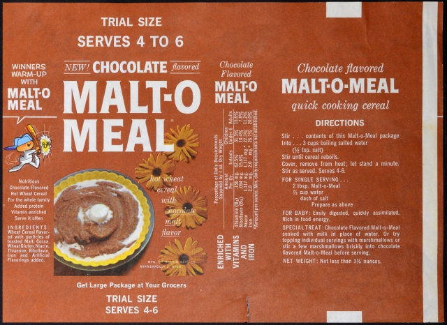 Trial-size box label for then-new Chocolate Malt-O-Meal, 1961. Used with the permission of Post Consumer Brands and Northfield Historical Society.