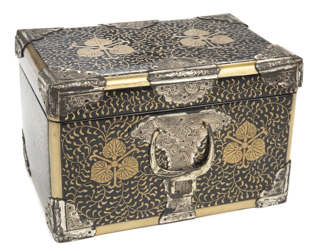 Doll trunk with bottom drawer, gold-painted design, and silver hardware