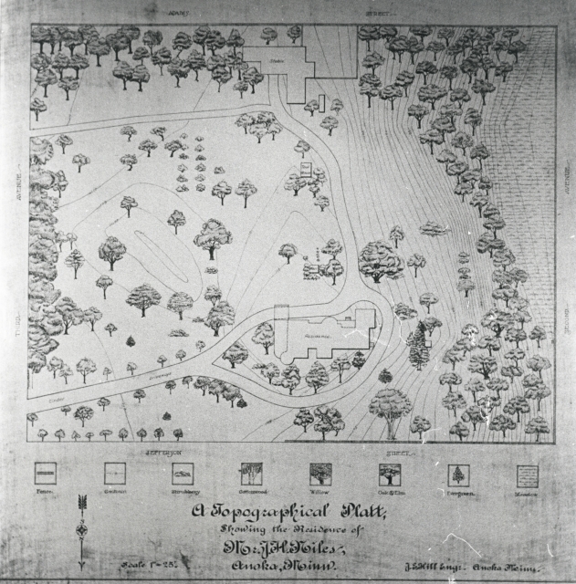 Topographical plat map of the Ticknor lot, listed as the residence of Mr. J.H. Niles (John Niles). The map is not dated, but was definitely made after the 1901 renovations of the home, and was most likely done in the 1906-1913 period, when John Niles was the owner. Created by J. S. Hill, engineer. Anoka County Historical Society, object ID# 3000.3.66.