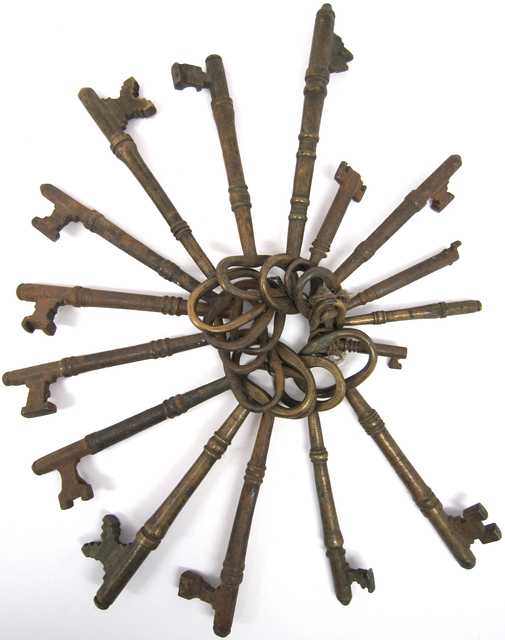 Color image of keys from the first state capitol, found in the ruins of the burned-out building, 1881.