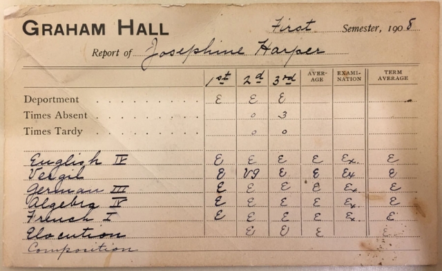 Color image of a Graham Hall report card, 1908.