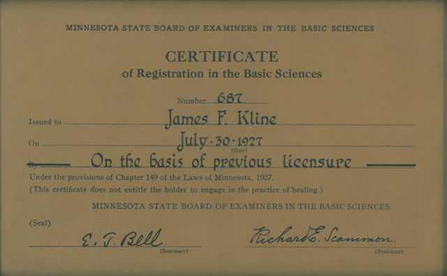 James F. Kline registration certificate